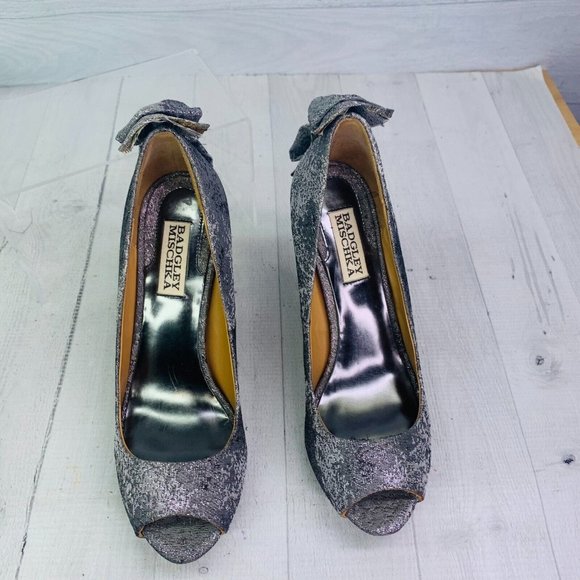 Badgley Mischka Sliver Peep Toe Bow Back Slip On Evening Party Dress Shoes Sz 8 - Picture 2 of 10